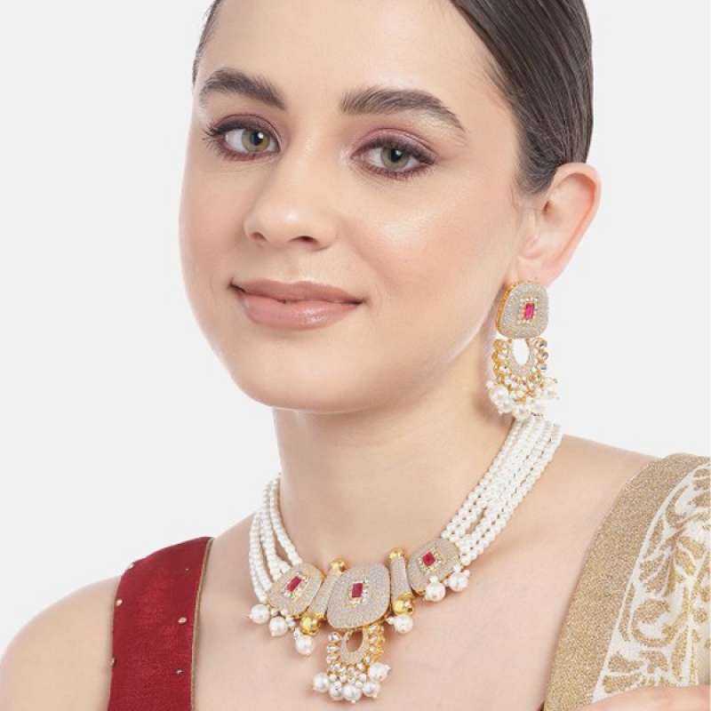 Gold-Plated AD & Pearl Jewellery Set